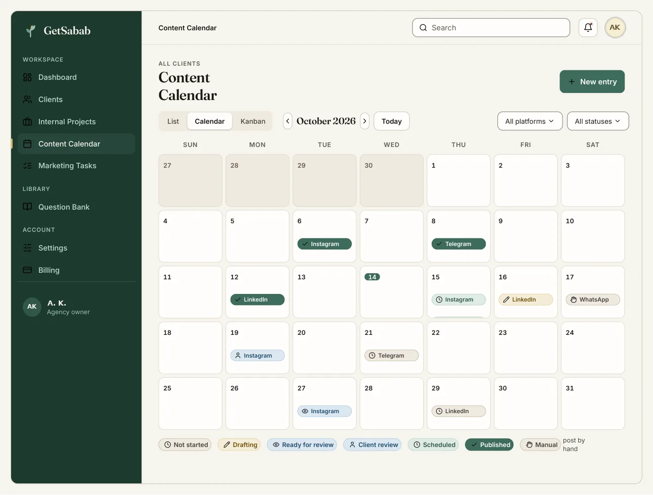 The GetSabab content calendar, month view