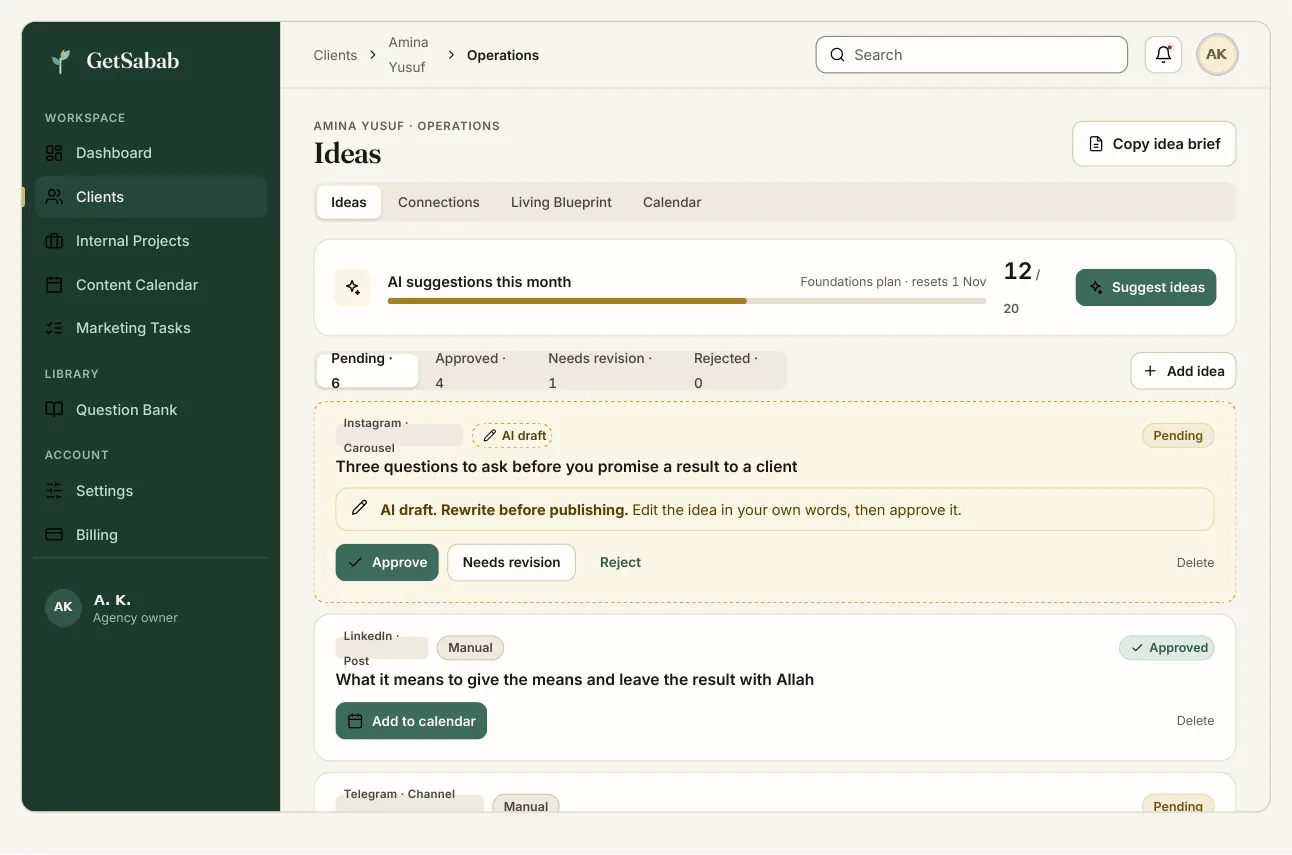 The idea bank in GetSabab, reviewing ideas per platform