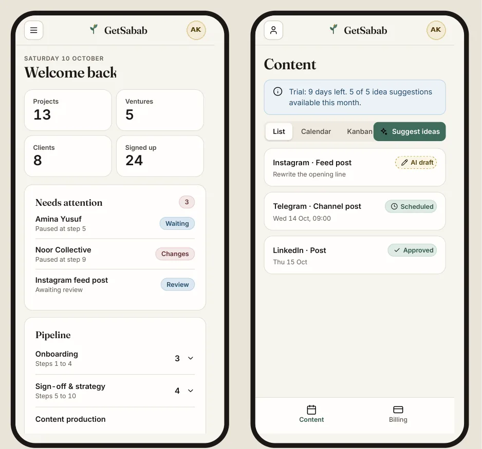 The GetSabab calendar and plan on two phones