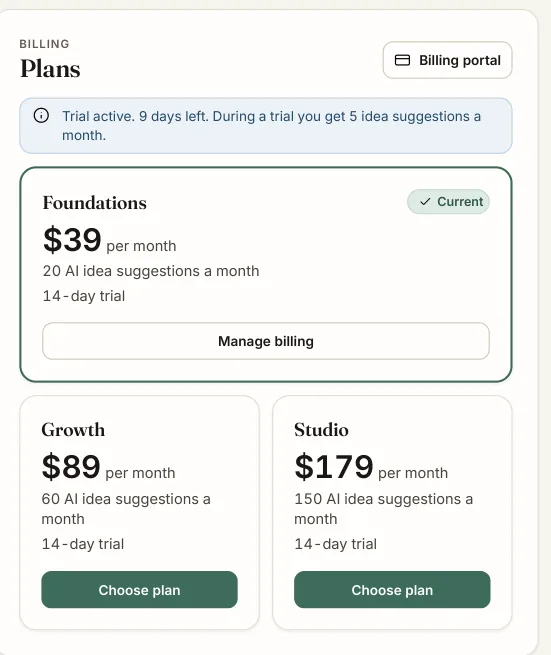 The plans screen of GetSabab