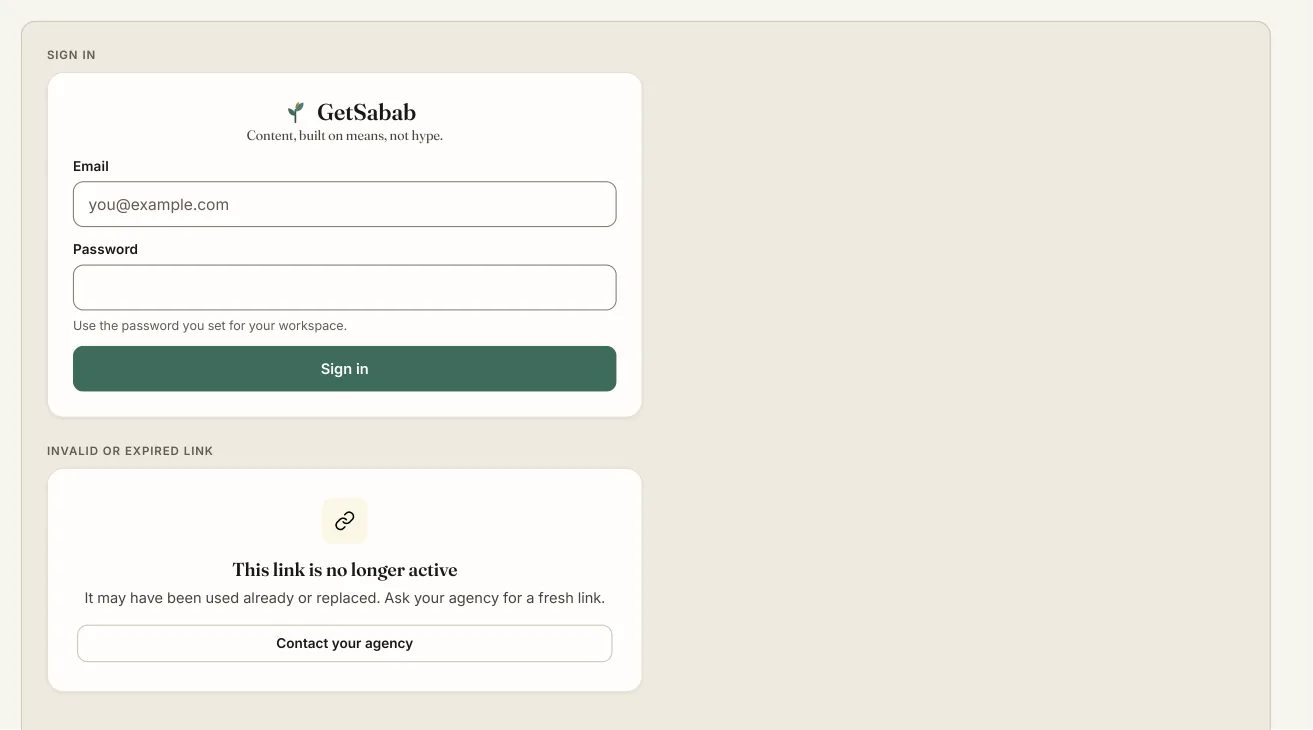The sign-in and expired-link states of GetSabab